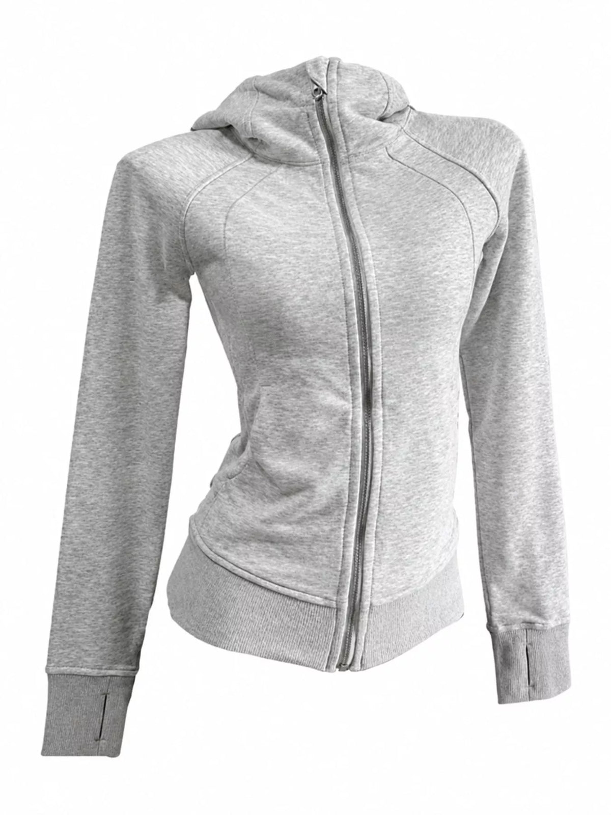 Gray slim fit full zip hoodie, front view