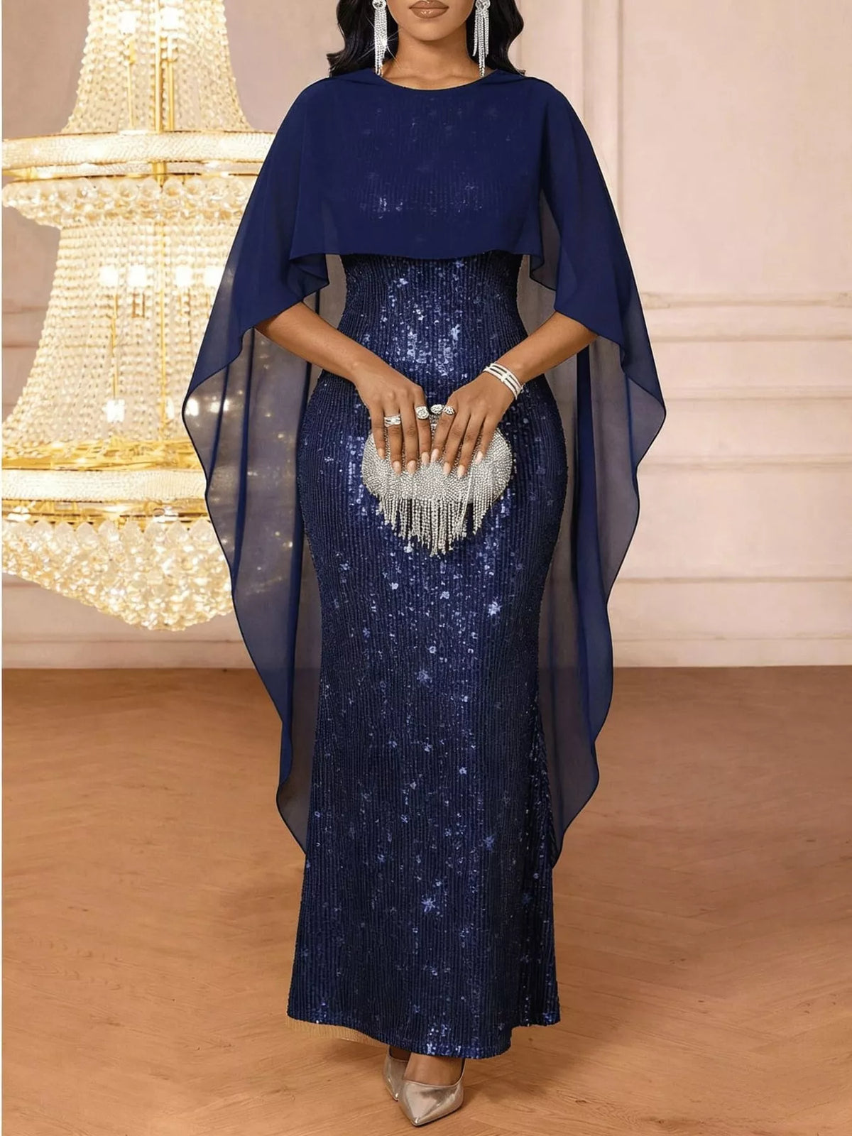 Women's Sequin Cape Overlay Evening Dress in navy — front view