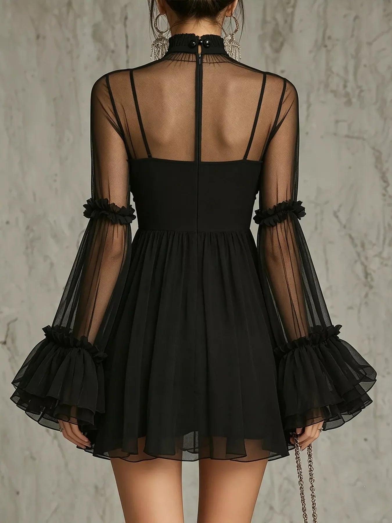 Trendsi Sheer Mesh Flare Sleeve Mini Dress -
