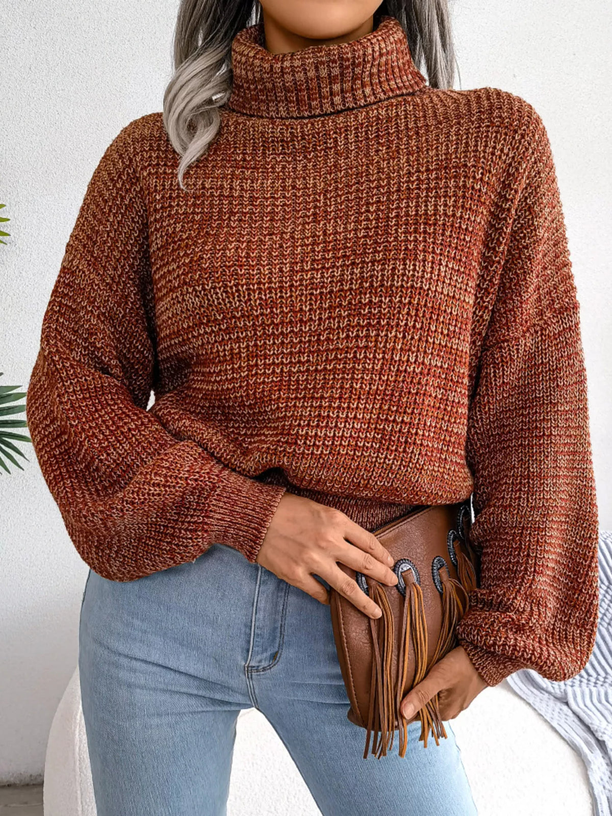 Turtleneck Dropped Shoulder Sweater in brown, front view