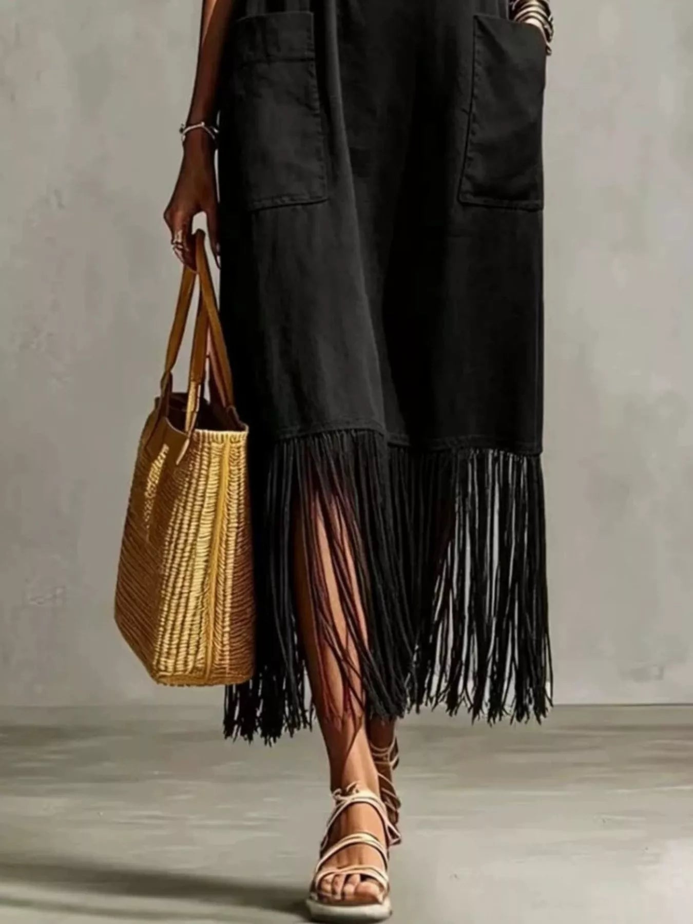 Trendsi Full Size Fringe Spaghetti Strap V-Neck Dress Plus Size -