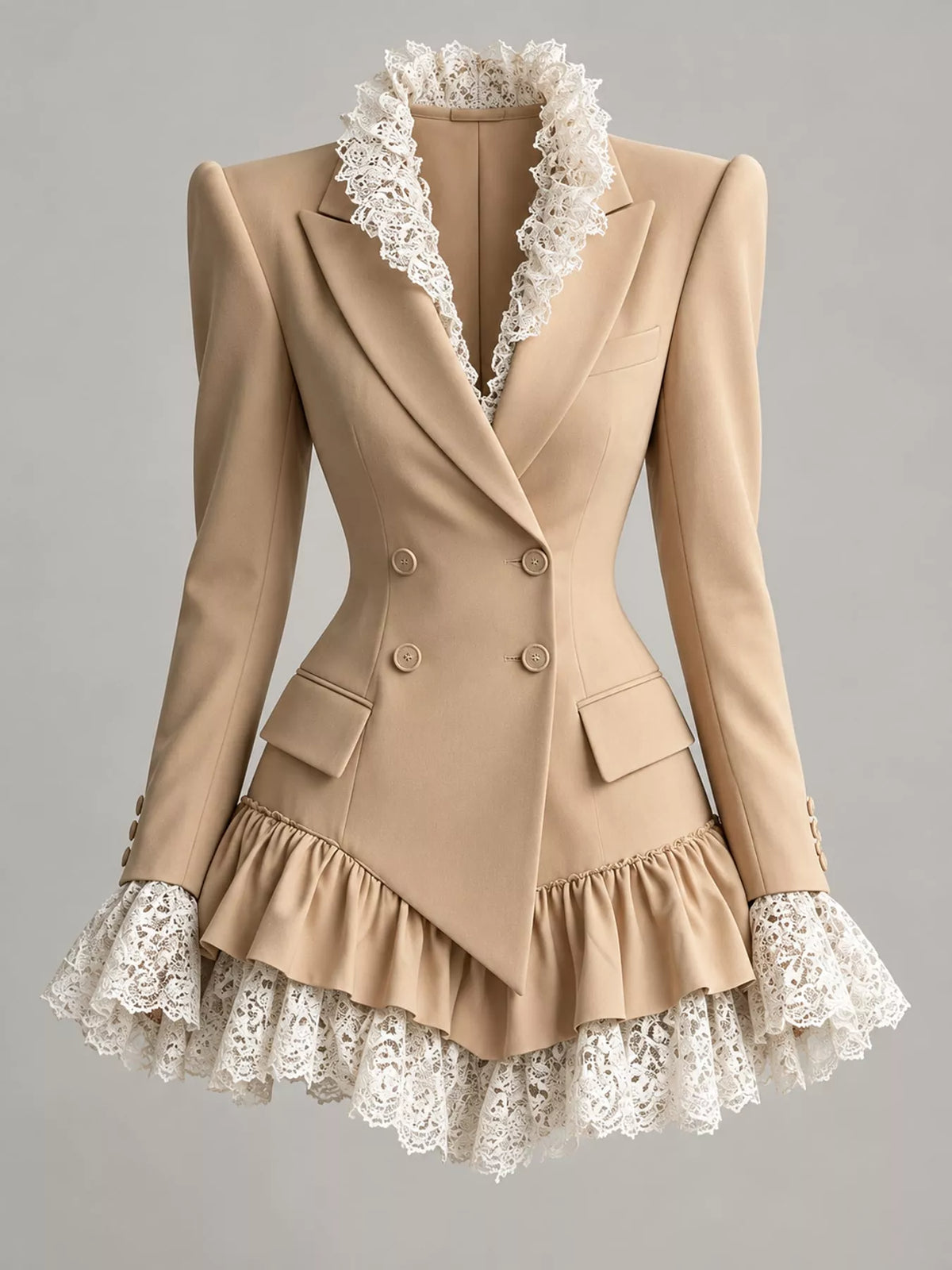 Beige lace trim blazer dress, front view