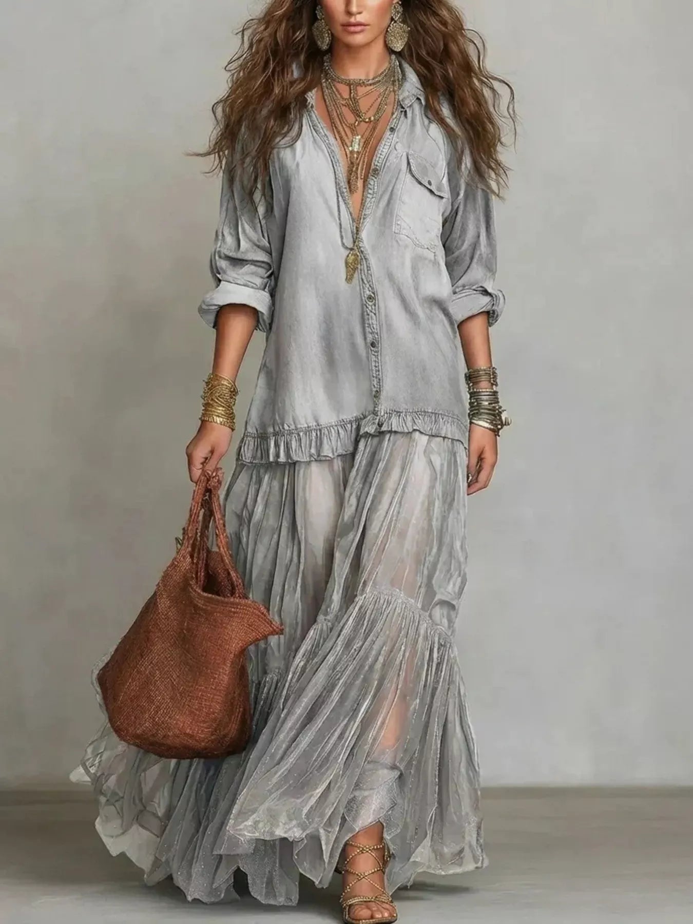 Trendsi Full Size Tiered Long Sleeve Denim Shirt Maxi Dress Plus Size -