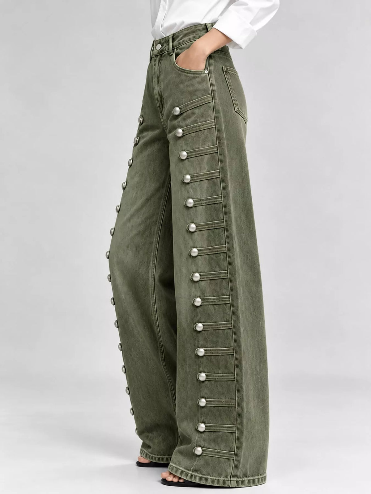 Decorative Button Wide-Leg Jeans in green, side view
