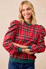 Trendsi BiBi Christmas Plaid Exaggerated Shoulder Sleeves Top -