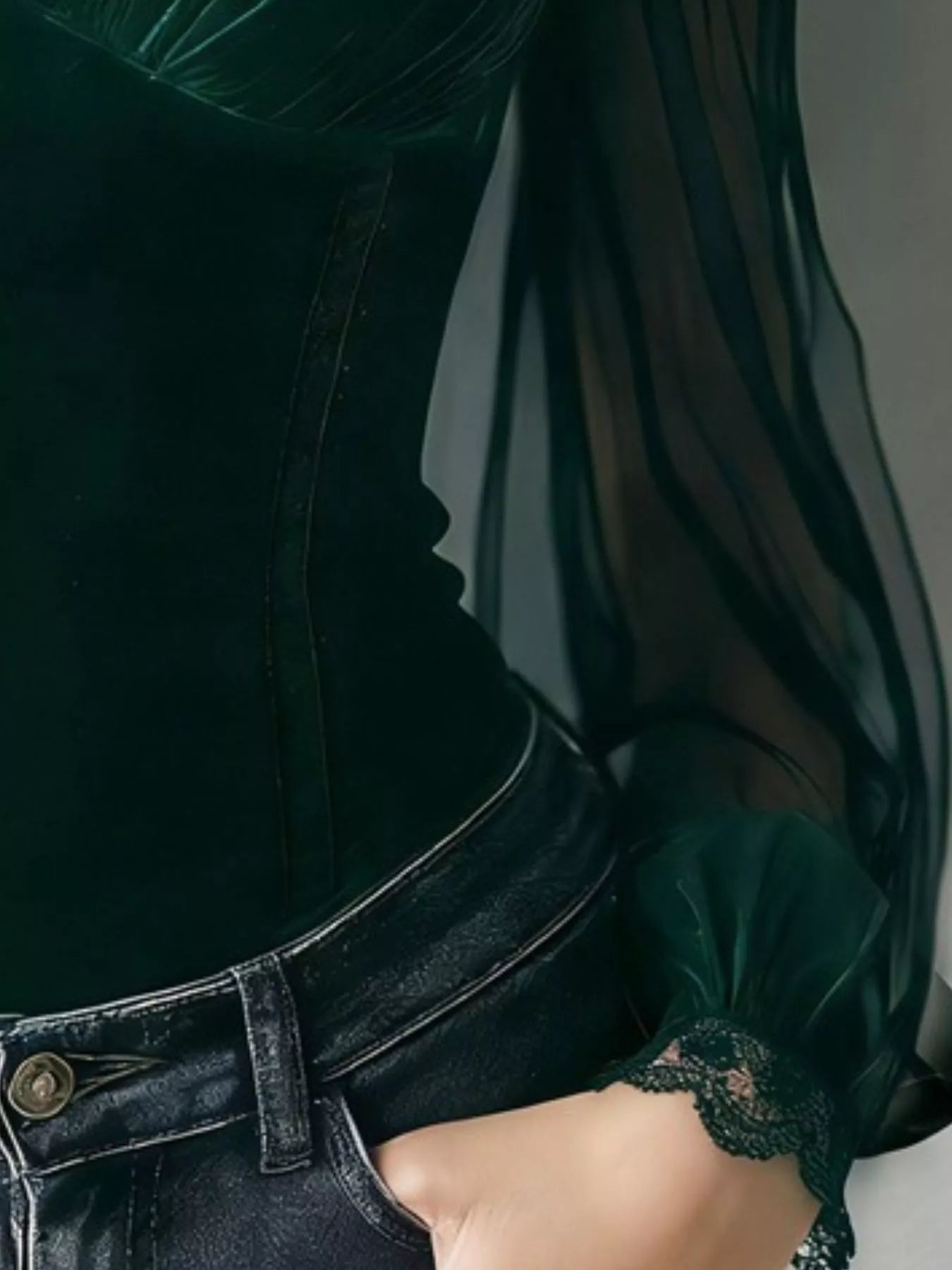 Trendsi Lace Trim Velvet Sheer Sleeve Blouse -