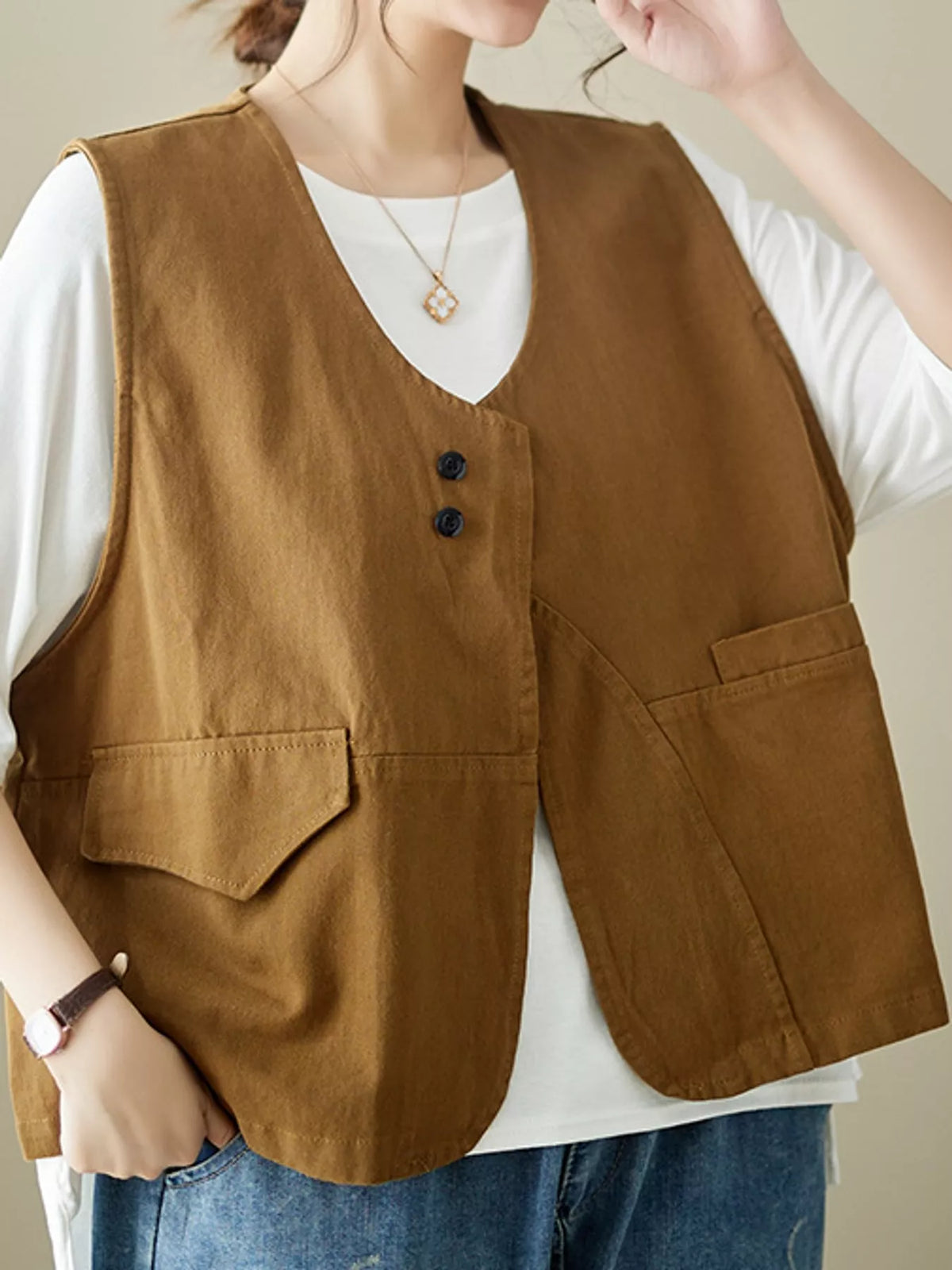 Asymmetric Button Closure Utility Vest Coat in ginger yellow