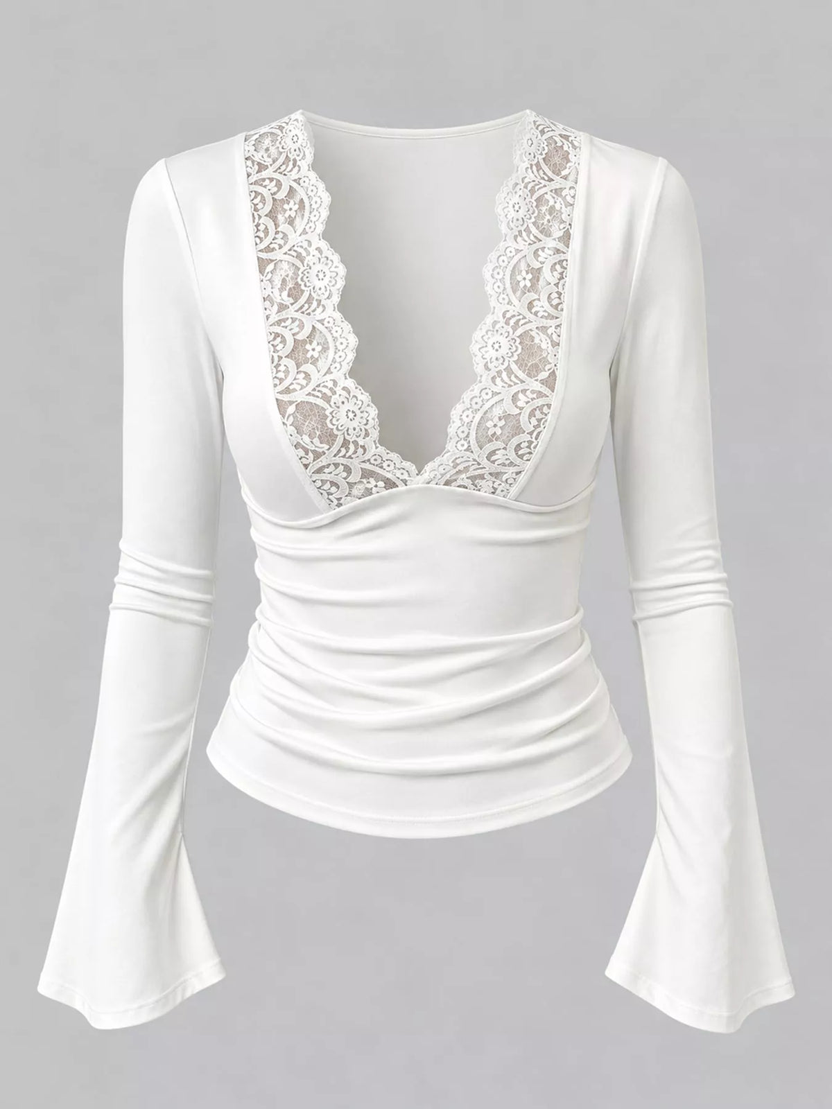 White lace trim v-neck long sleeve slim fit t-shirt