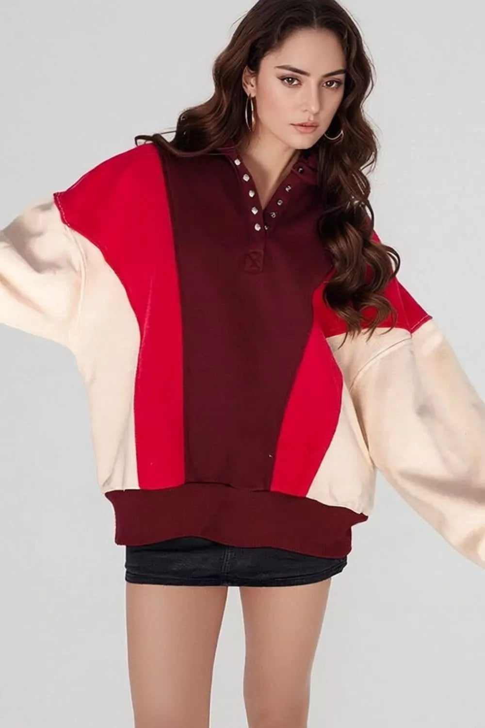 Trendsi Color-Block Snap-Button Oversized Sweatshirt -