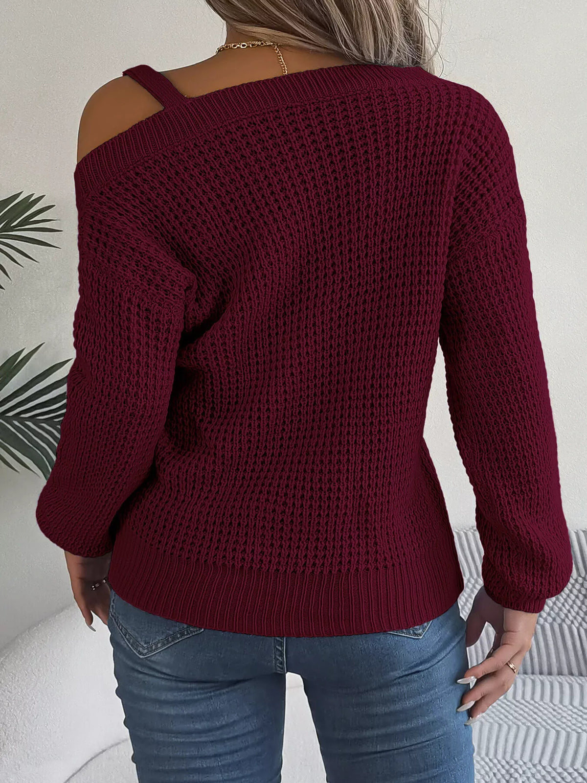 Asymmetrical Neck Long Sleeve Sweater in burgundy, back view