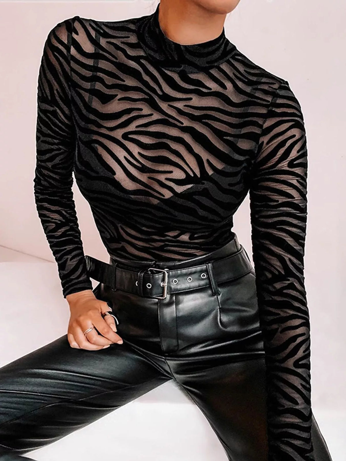 Zebra Print Mock Neck Long Sleeve Bodysuit — front view