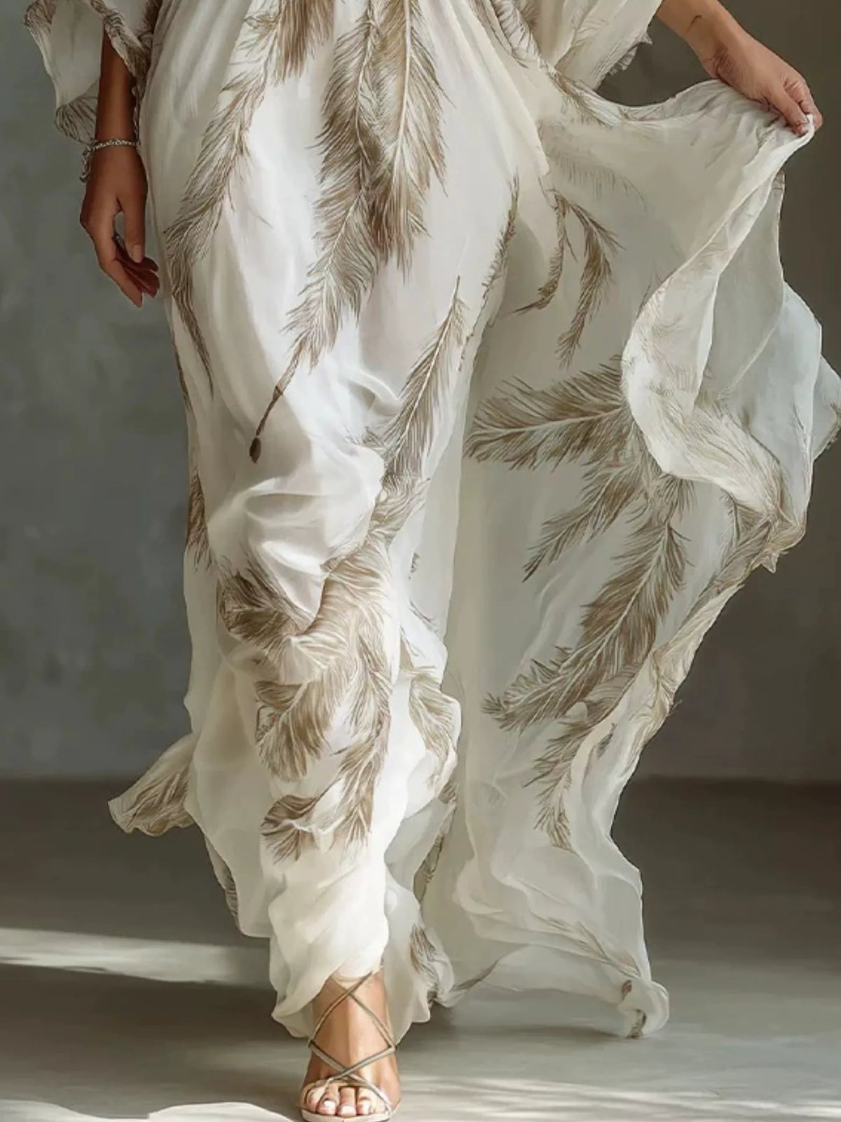 Feather-print V-neck flowy maxi dress