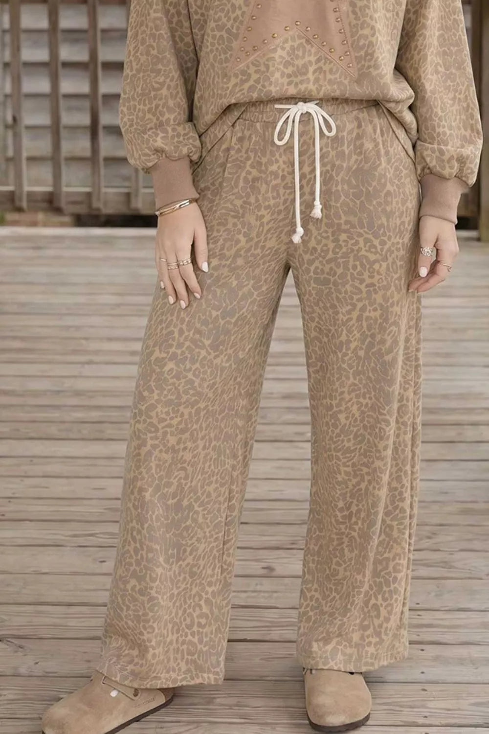 Trendsi Leopard Print Star Embellished Sweatshirt and Pants Set -