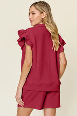 Trendsi Double Take Full Size Texture Flounce Sleeve Top and Drawstring Shorts Set -