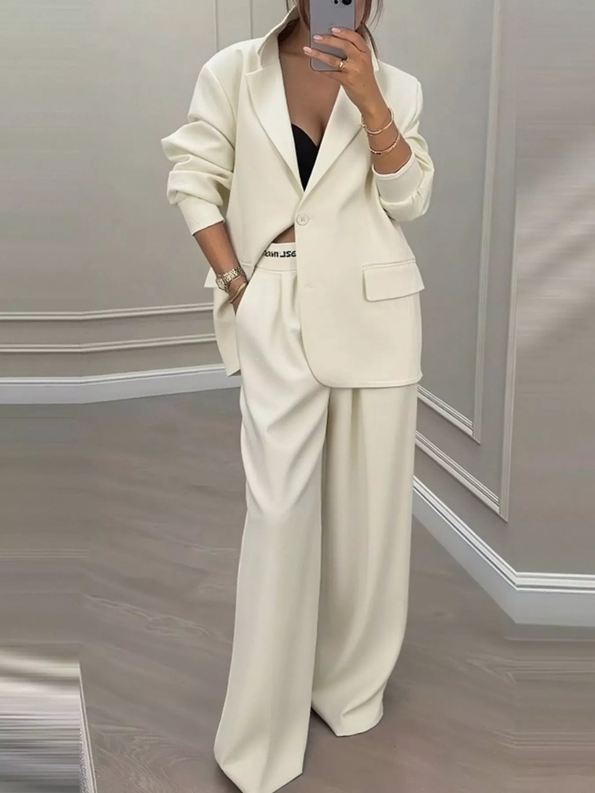 Apricot contrast-trim blazer and wide-leg pants set