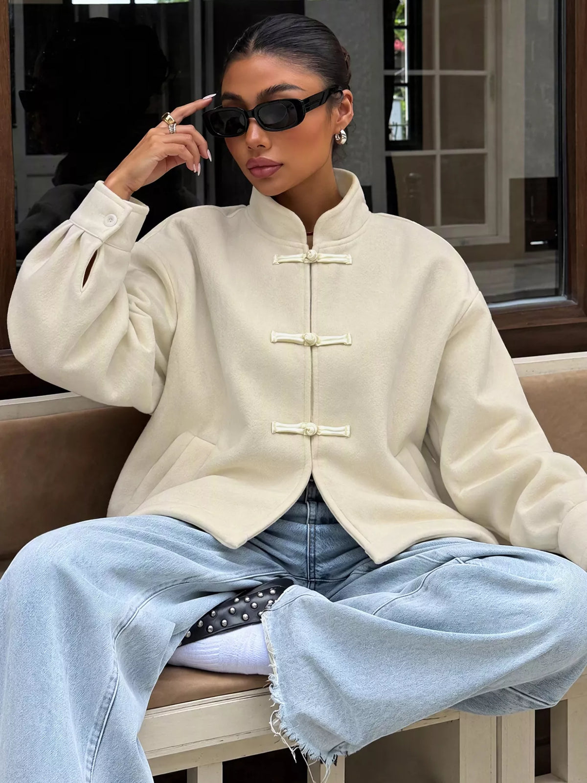 Frog Button Dropped Shoulder Jacket — front view