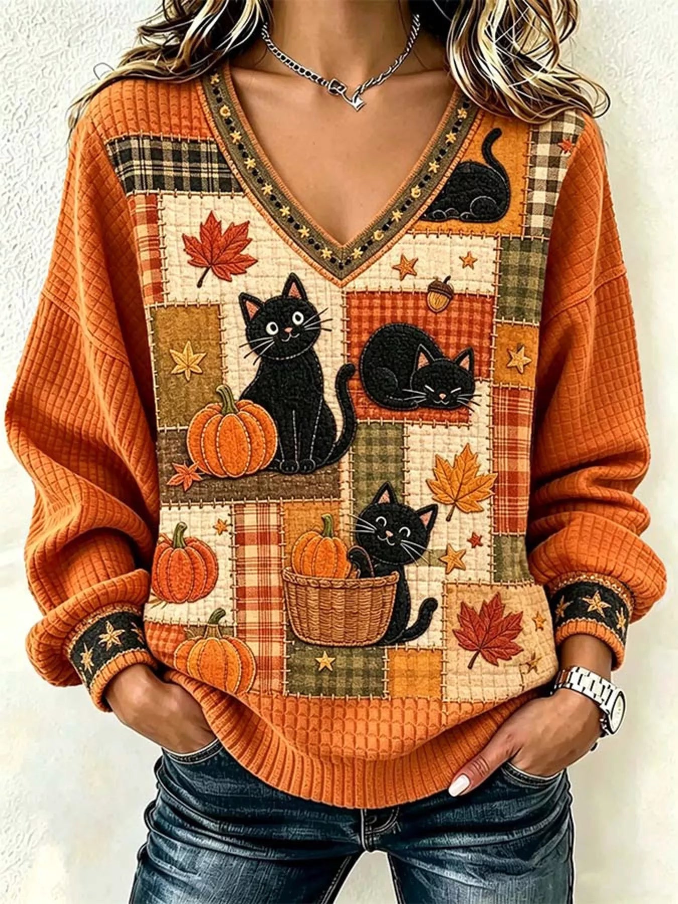 Trendsi Full Size Cat and Pumpkin V-Neck Sweater Plus Size -