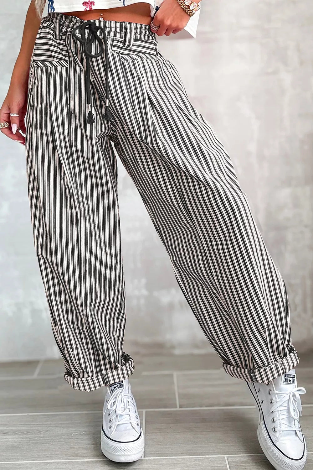 Trendsi Stripe Drawstring Casual Loose Pants -