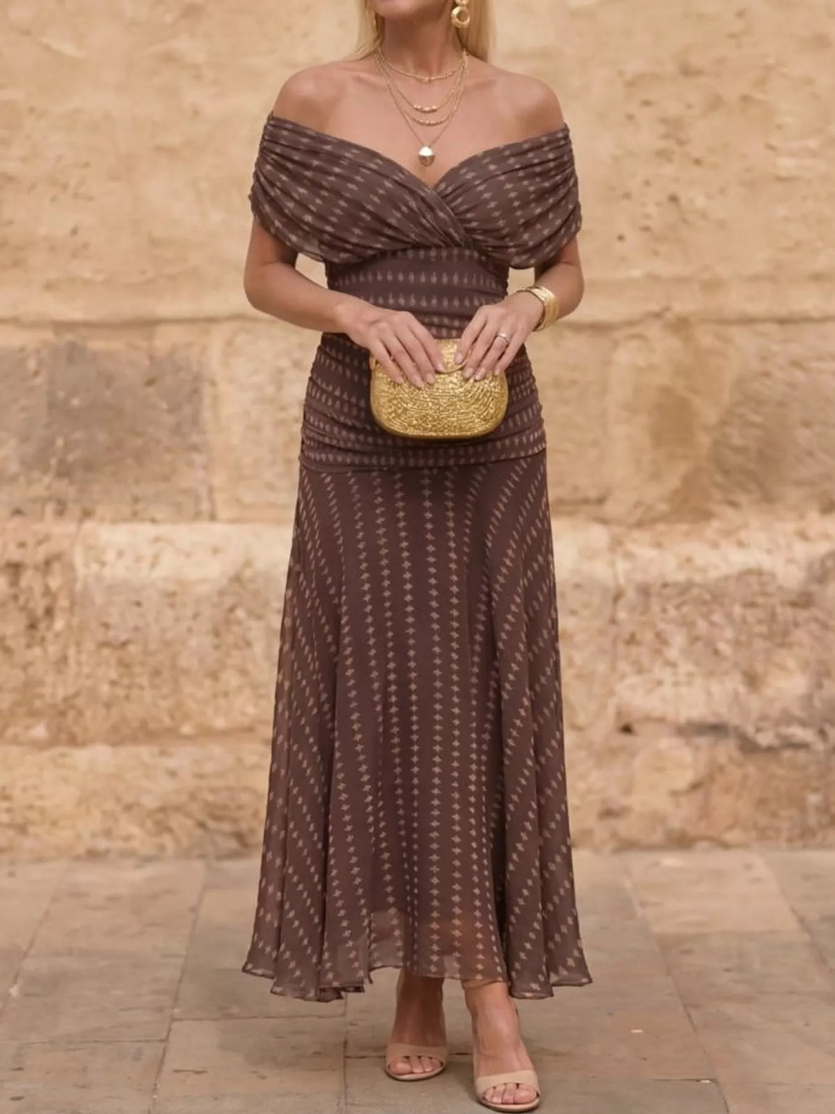 Brown ruched dress, detail view