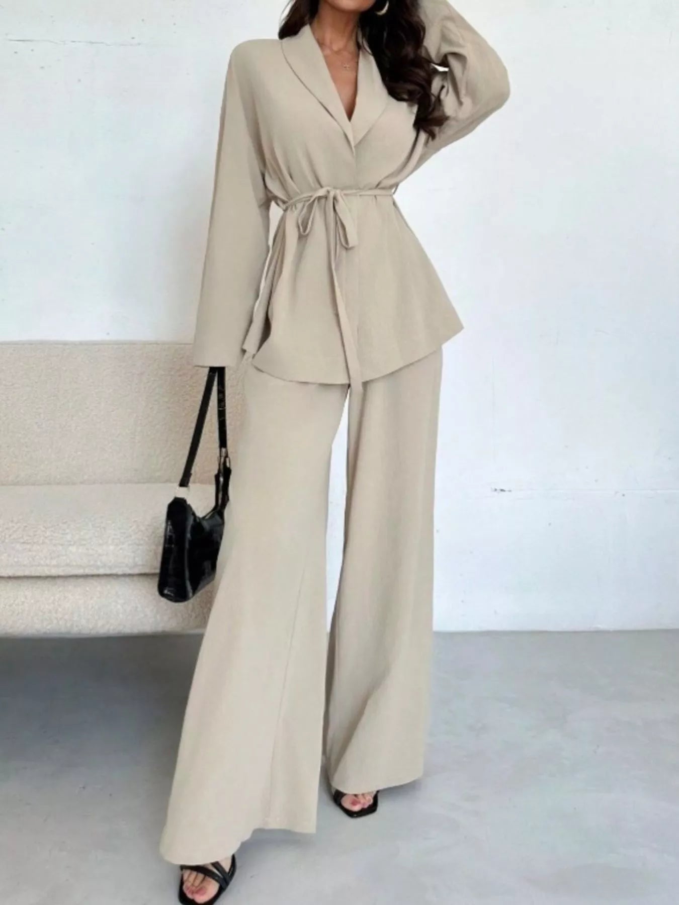 Trendsi Textured Tie Waist Top and Wide-Leg Pants Set -