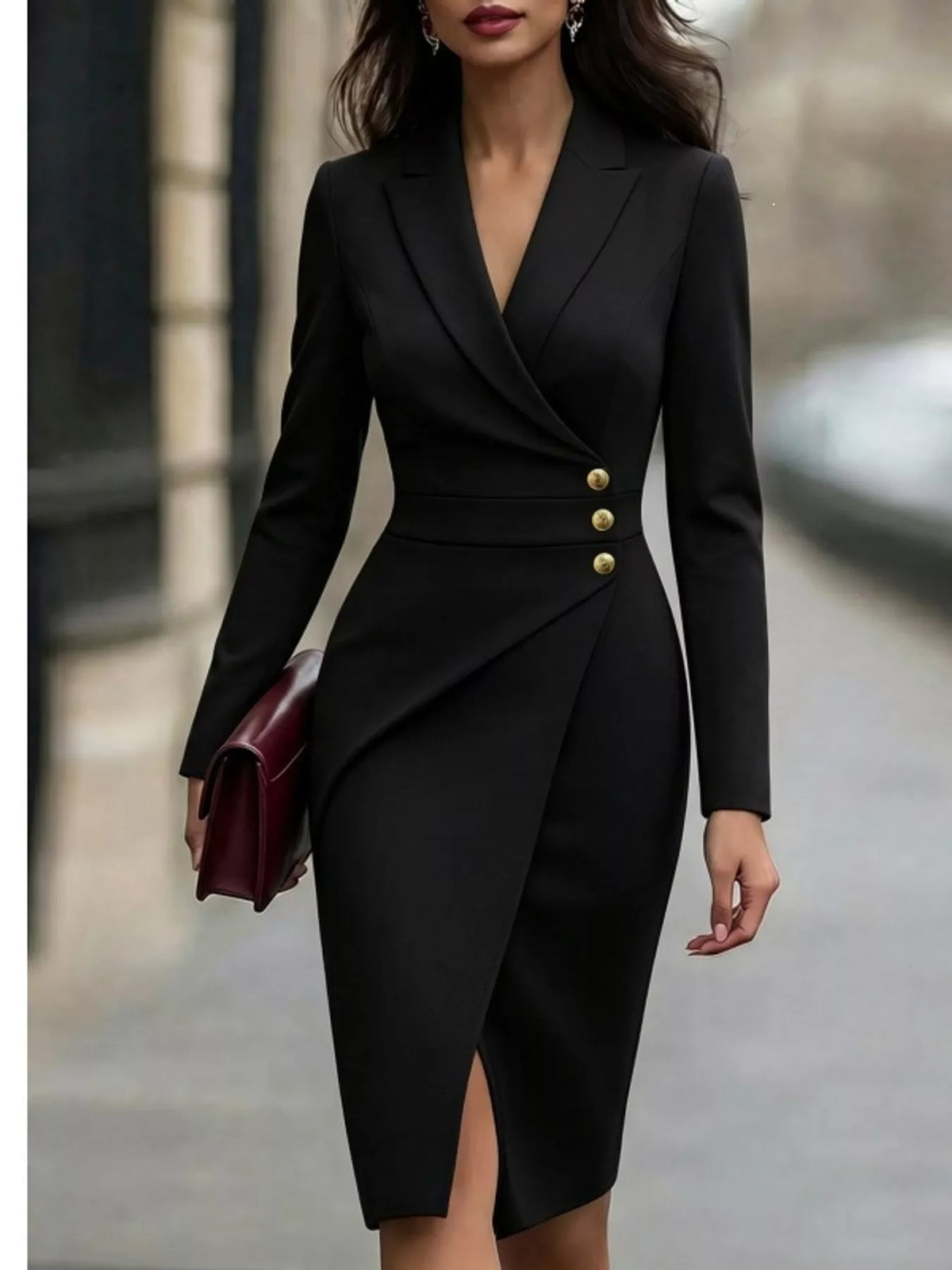 Lapel Collar Long Sleeve Blazer Dress — front view