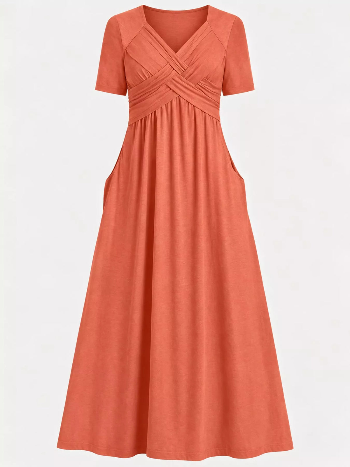 Orange crisscross short sleeve midi dress, front view