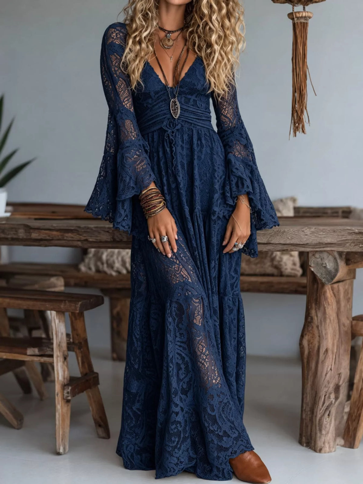Lace maxi dress, navy front