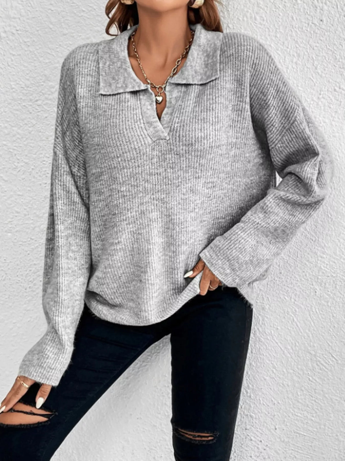 Gray Ribbed Knit Dropped-Shoulder Collared Sweater front view