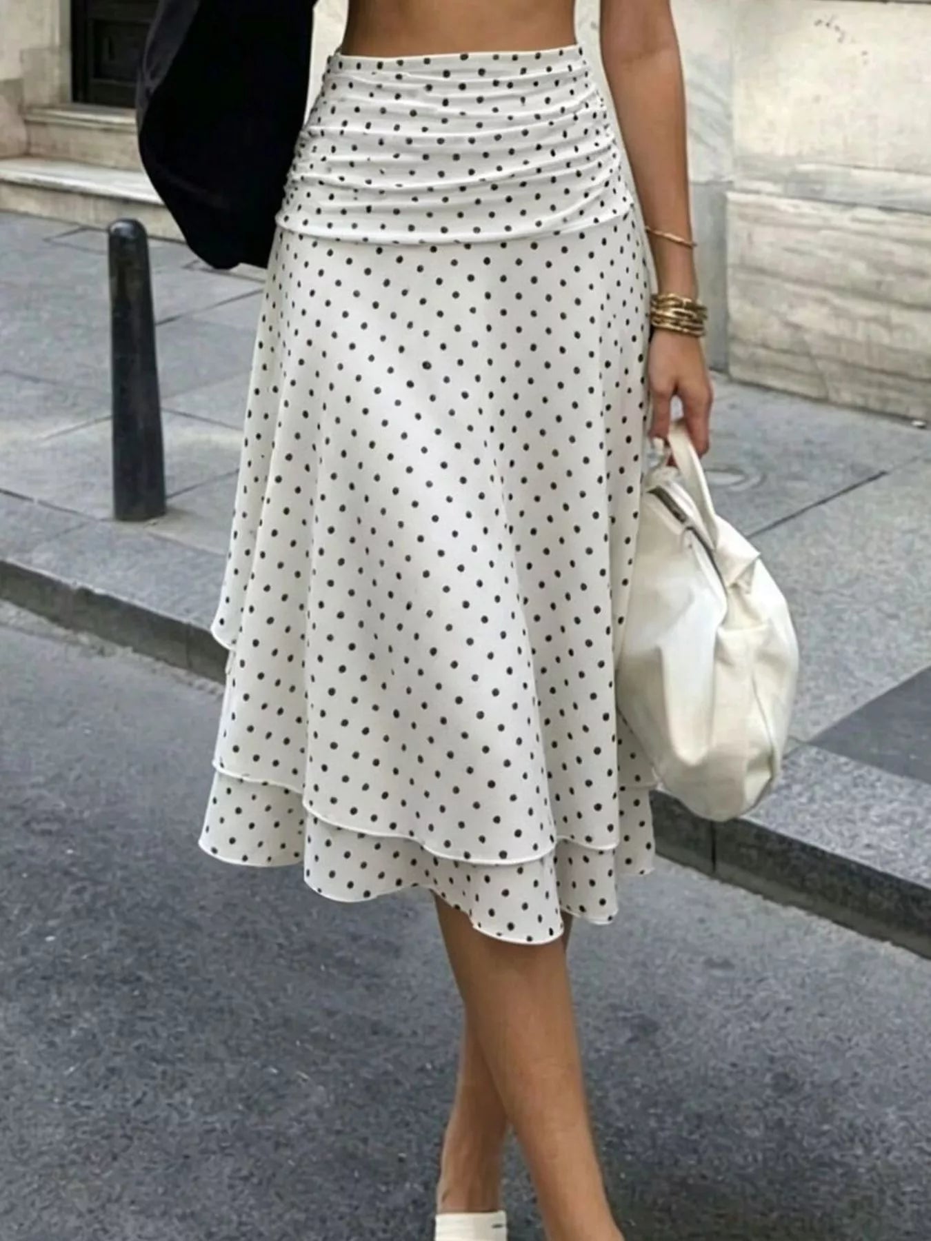 Trendsi Polka Dot Ruched Waist Midi Skirt -