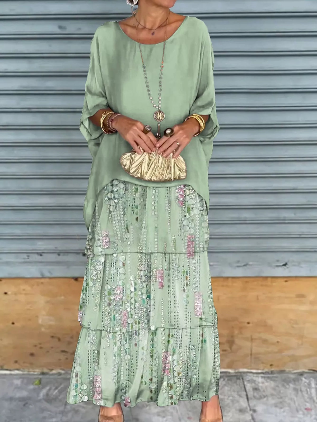 Layered maxi dress, sage floral front