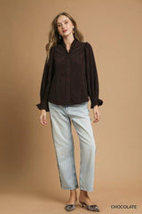 Trendsi Umgee Corduroy Ruffle Shirt with Long Puff Sleeves -