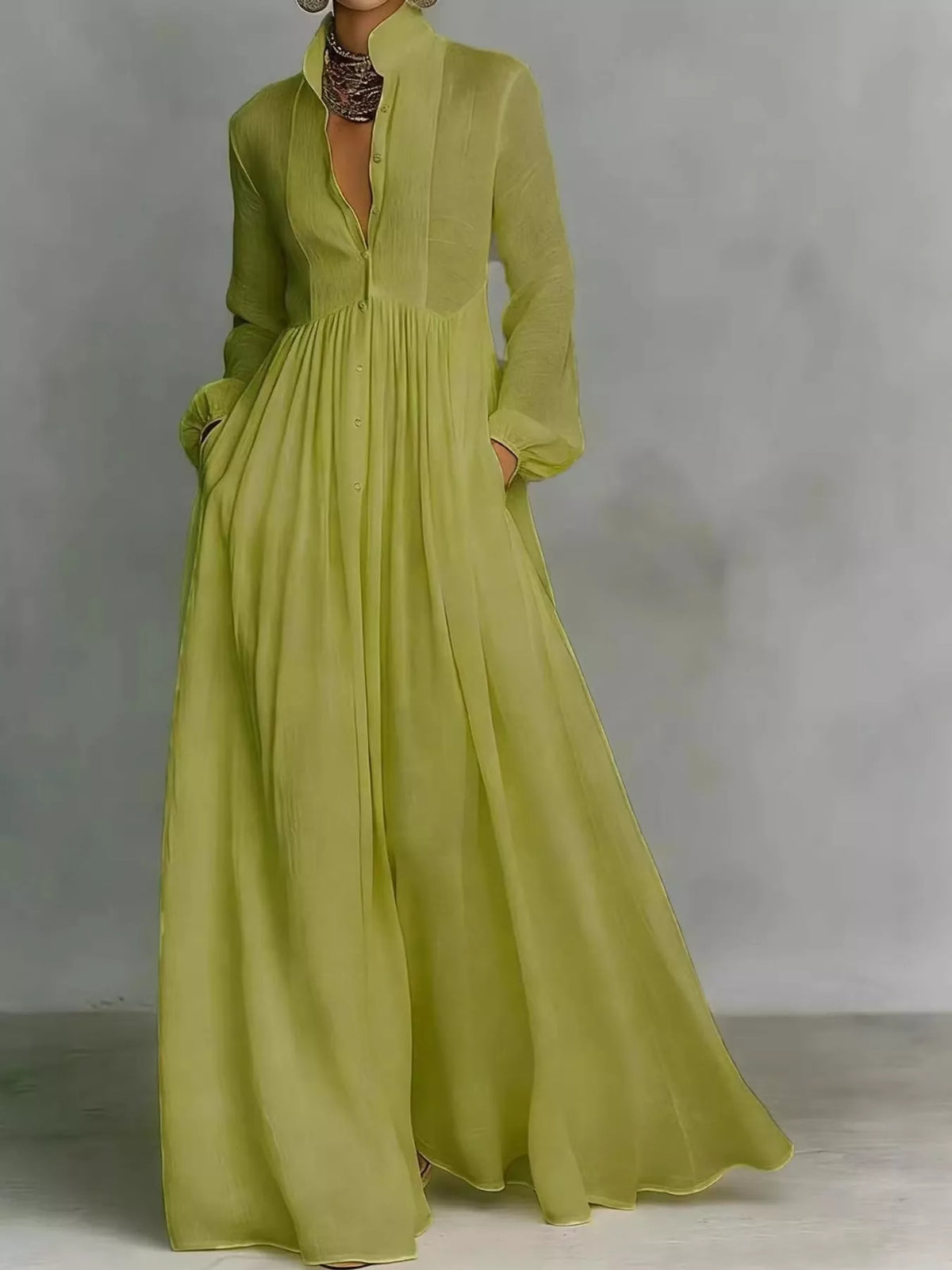 Lime green long sleeve button-front maxi dress