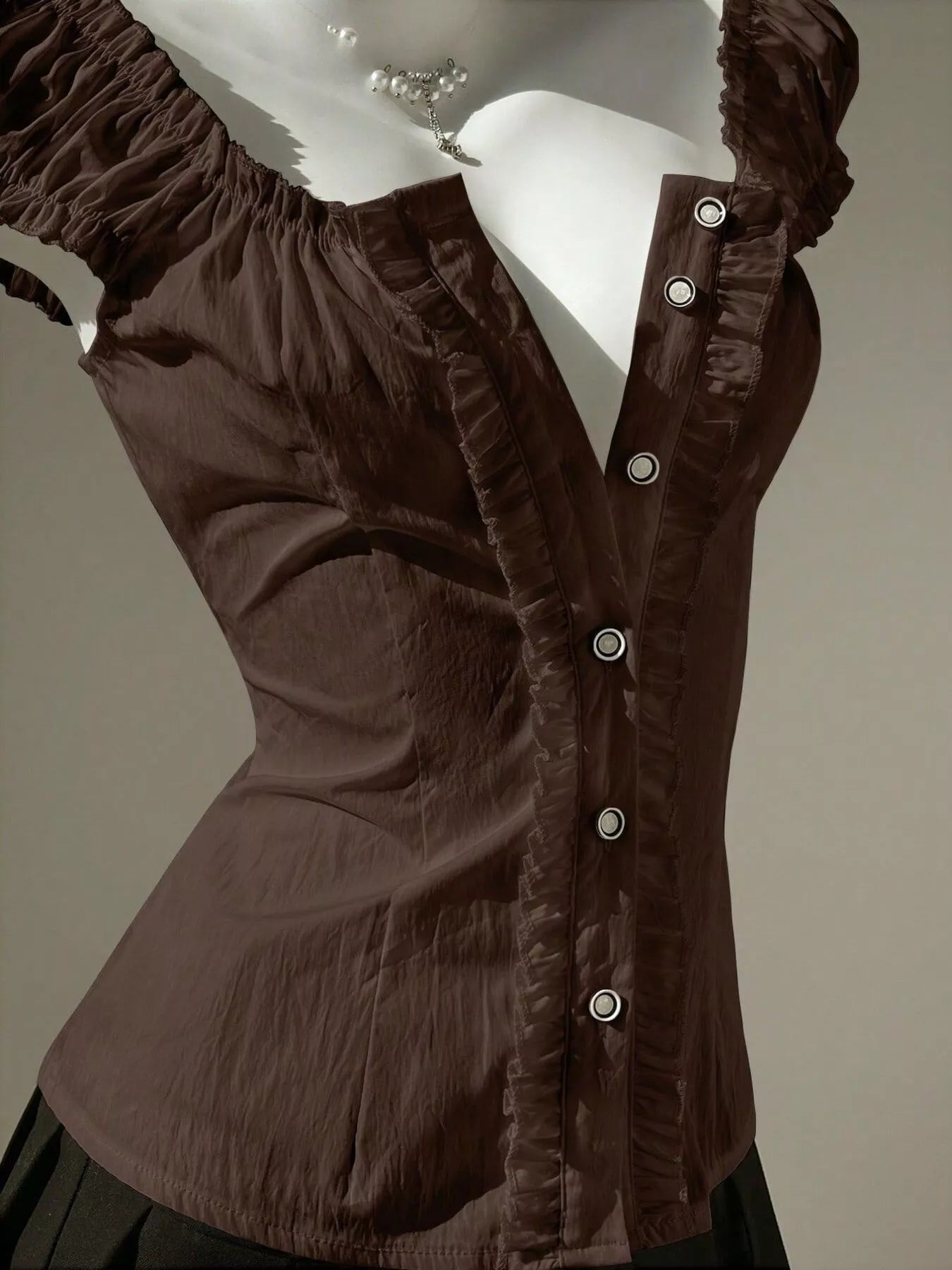 Trendsi Chic Puff Sleeve Ruched Button-Up Blouse -