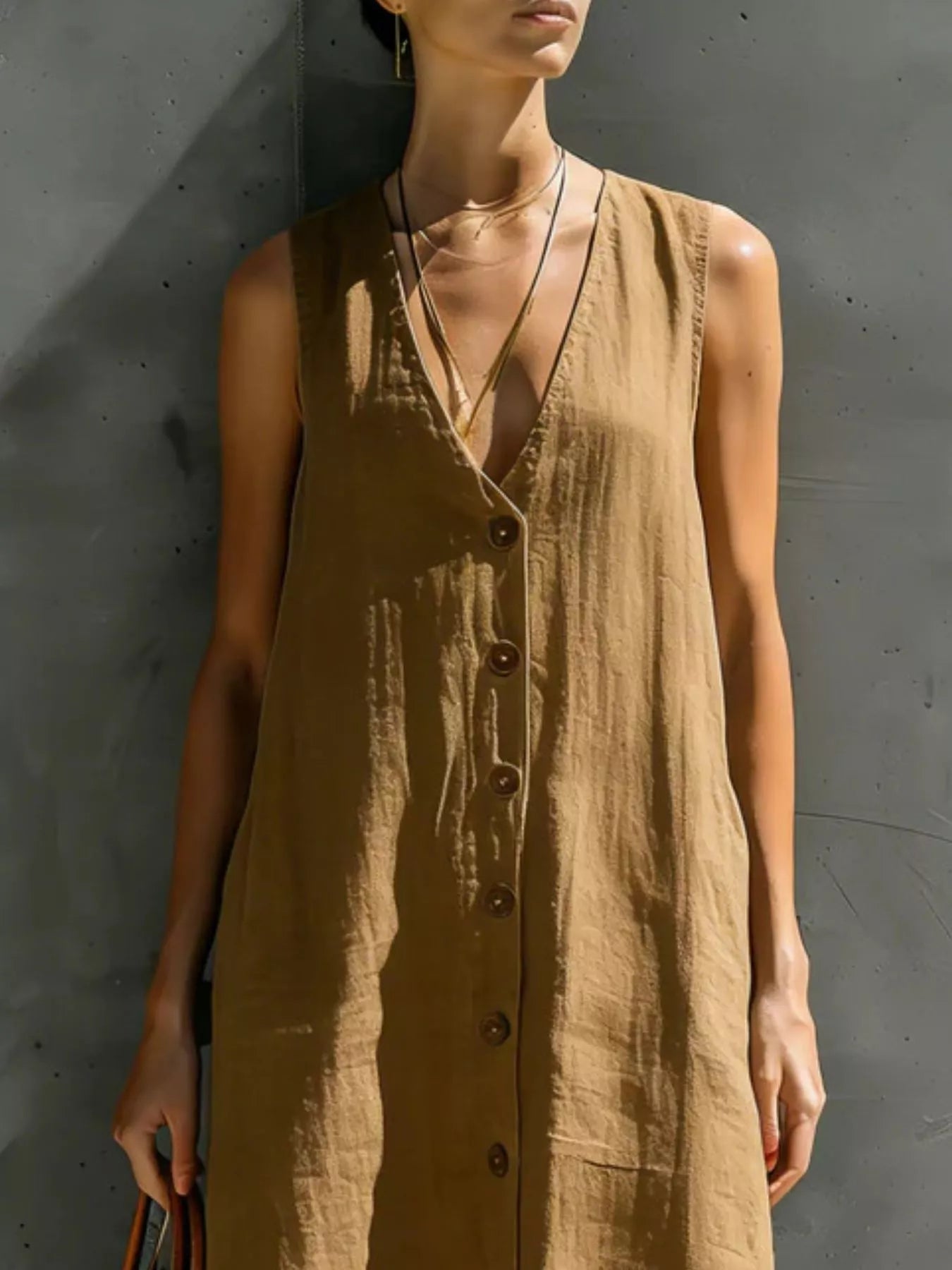 Trendsi Full Size Sleeveless V-Neck Button-Down Linen Maxi Dress Plus Size -
