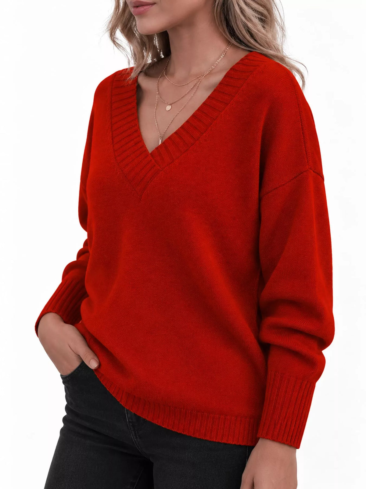 V-neck sweater, red side