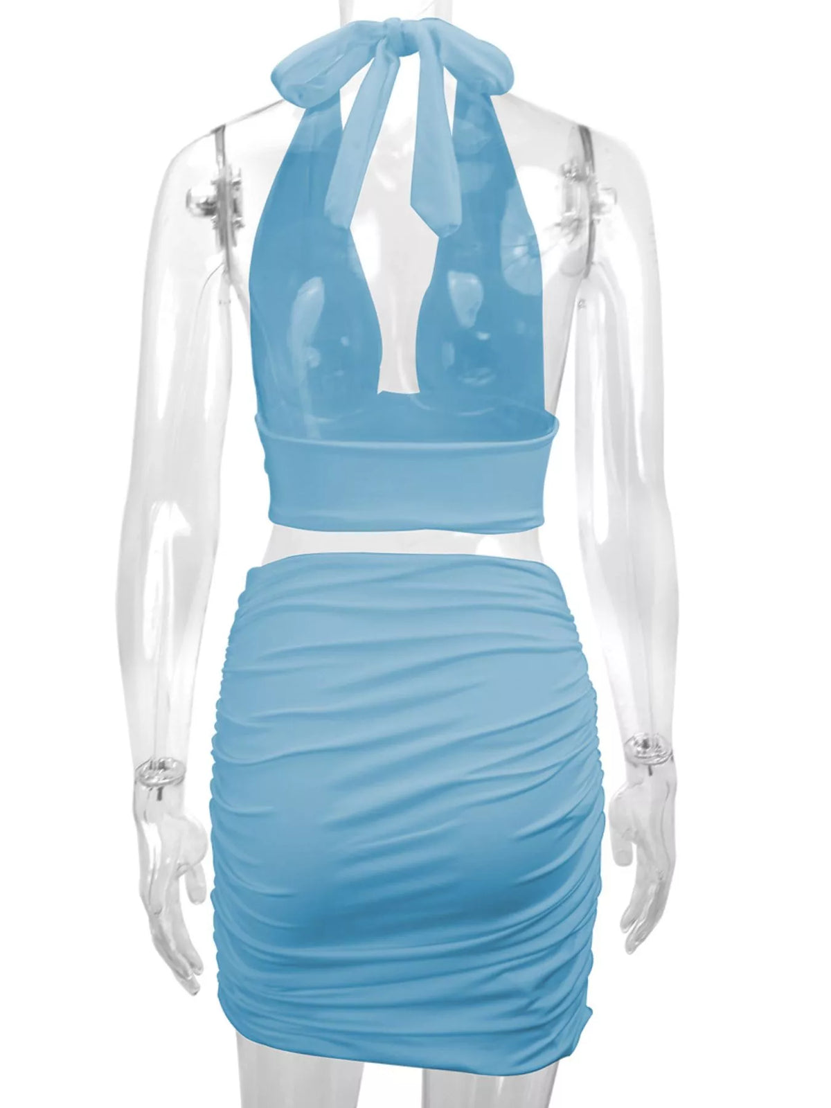 Blue halter crop top and ruched bodycon mini skirt set, back view