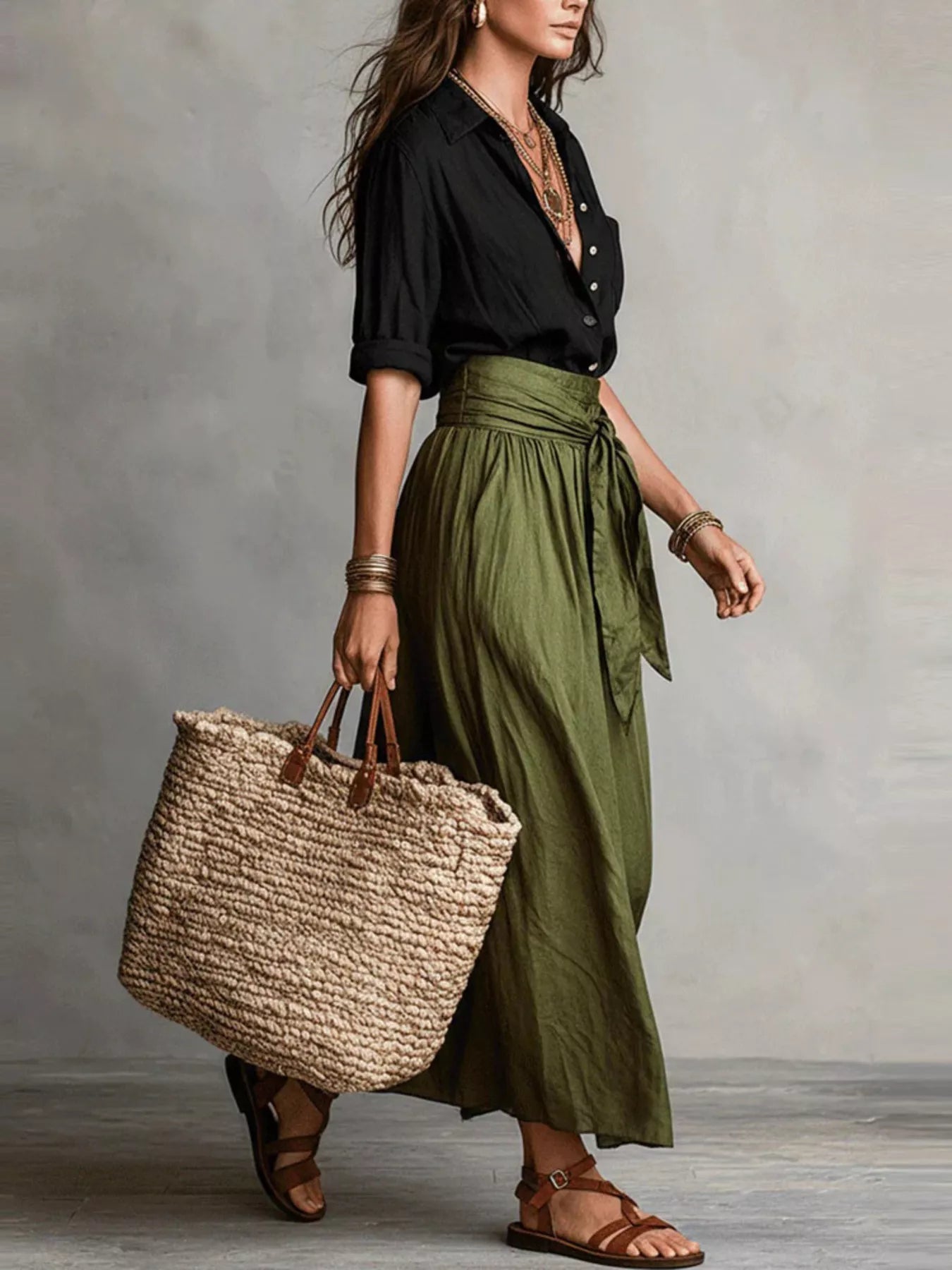 Trendsi Button-Down Shirt and High-Waisted Tie-Front Maxi Skirt Set -