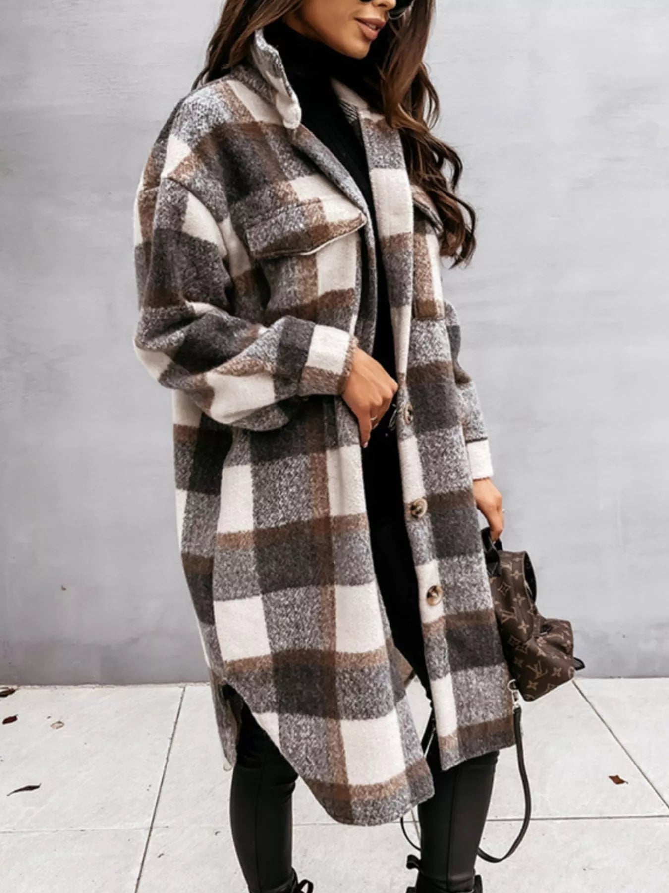 Trendsi Longline Plaid Button Up Coat -