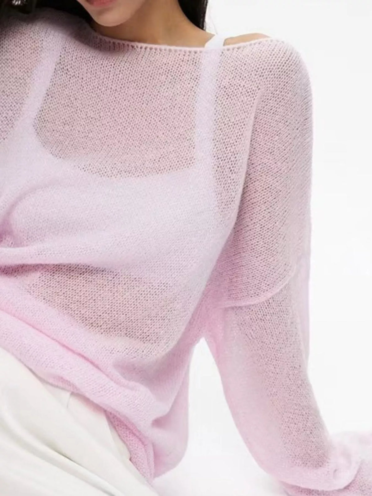 Pink sheer openwork knit long sleeve top