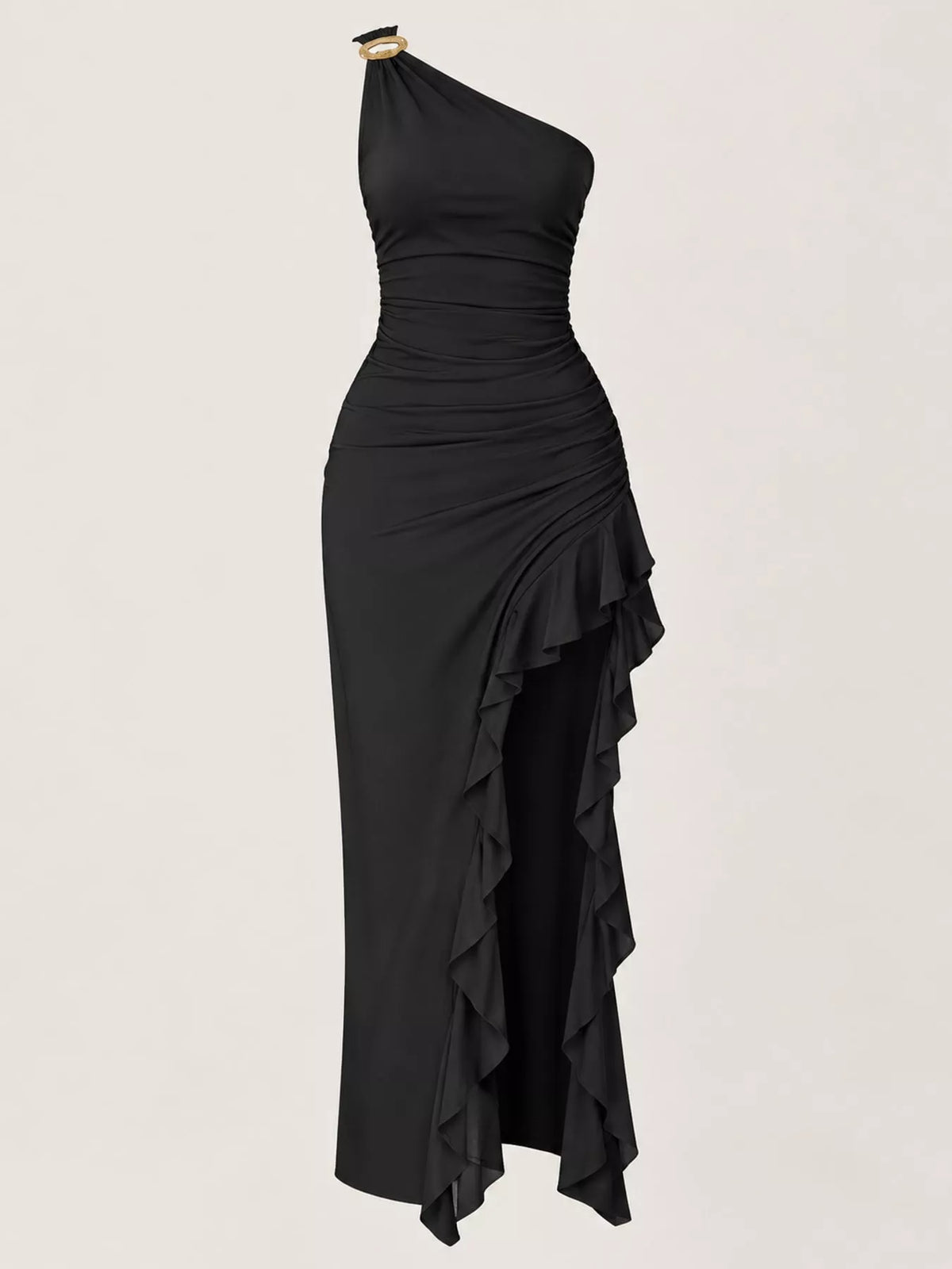 Black one shoulder ruched ruffle hem maxi dress, front view