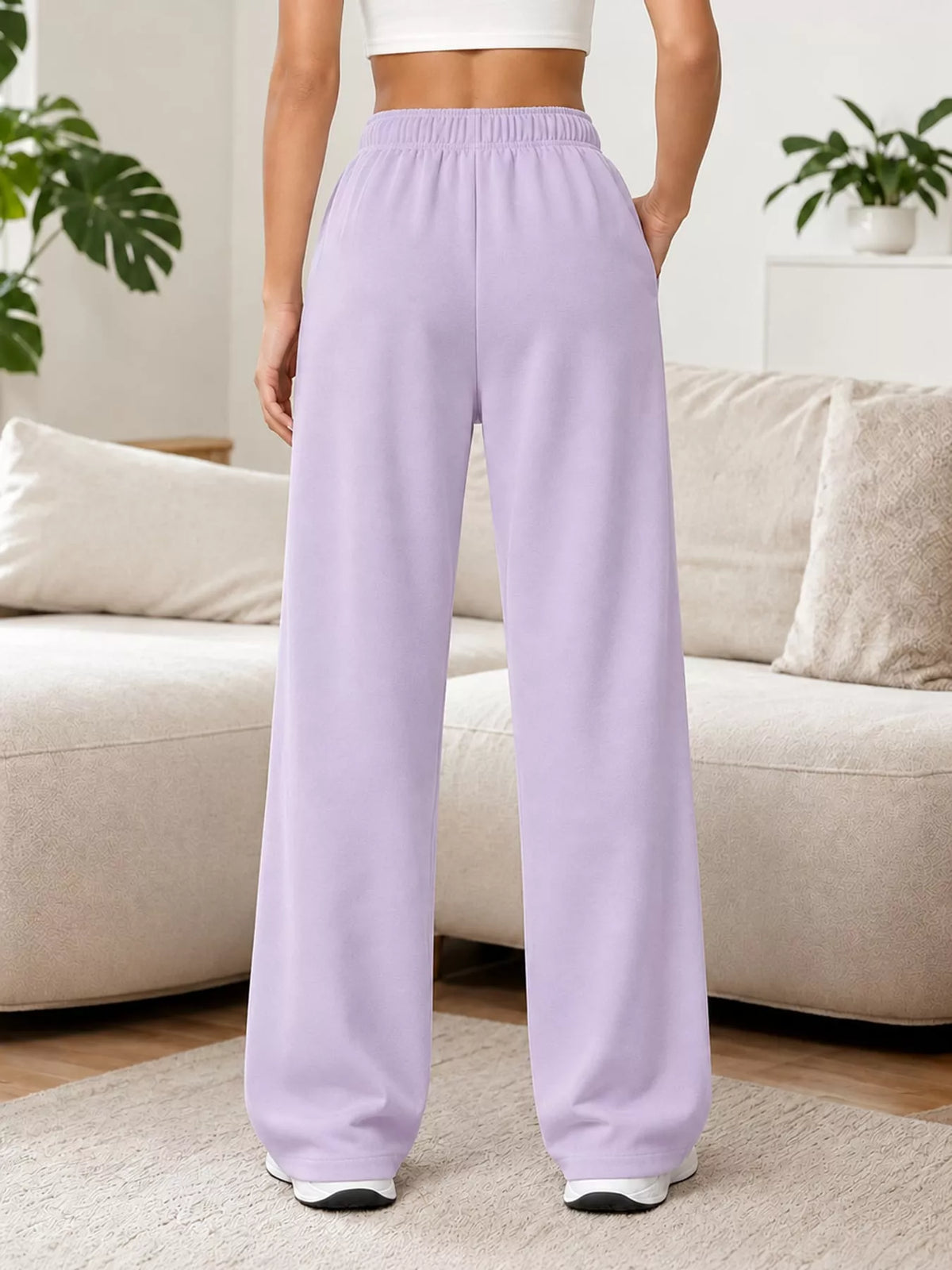 Lavender wide-leg pants with drawstring, back view