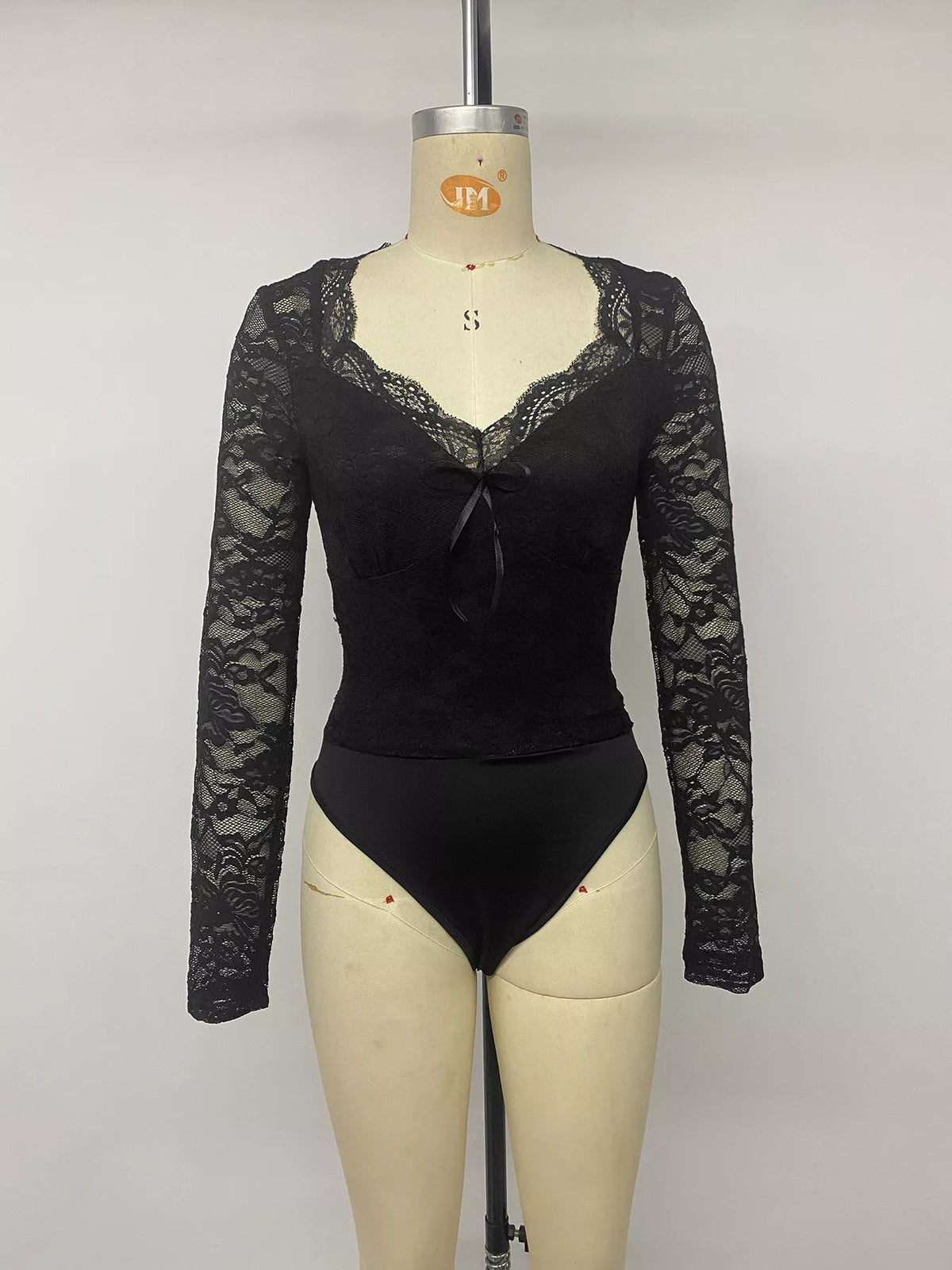 Trendsi Lace Long Sleeve Bodysuit with Bow Detail -