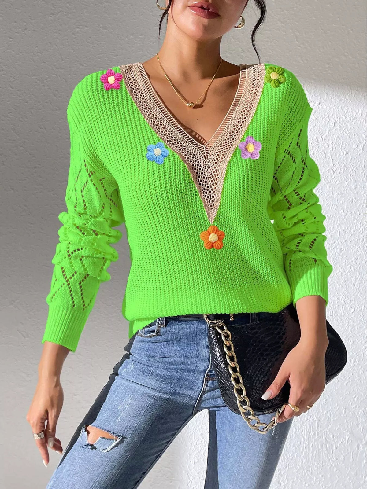 Green Floral Applique V-Neck Openwork Sweater front view
