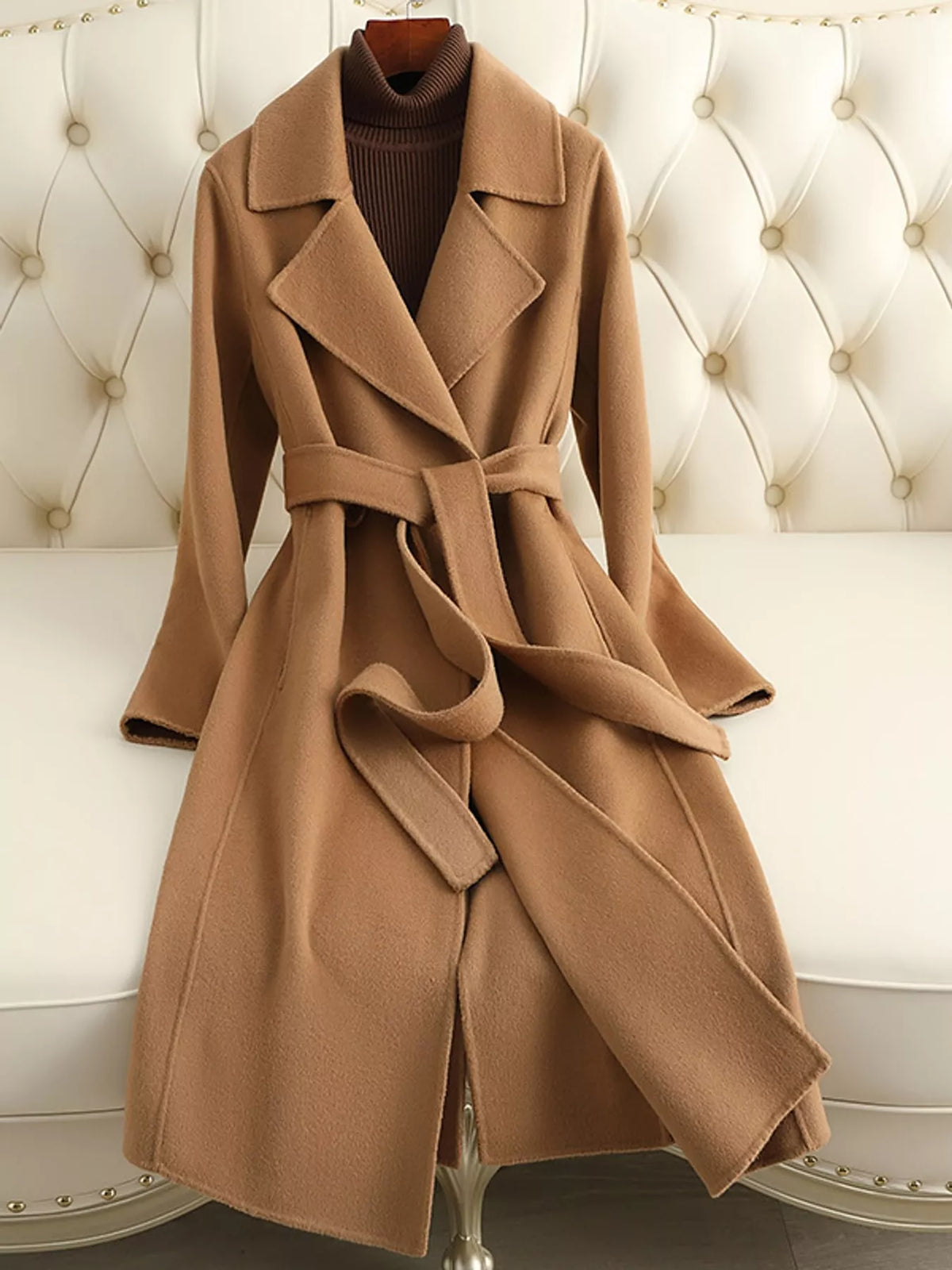 Camel belted longline wool coat