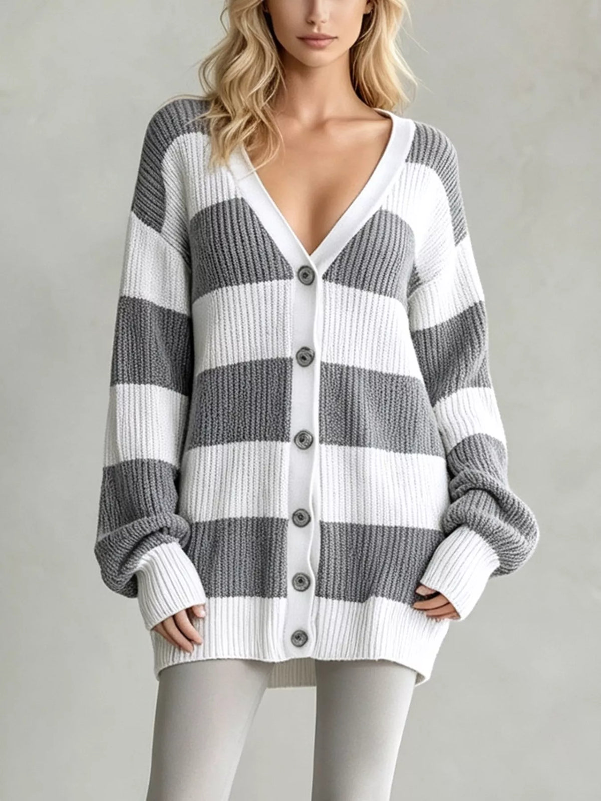 Striped cardigan, gray and white front