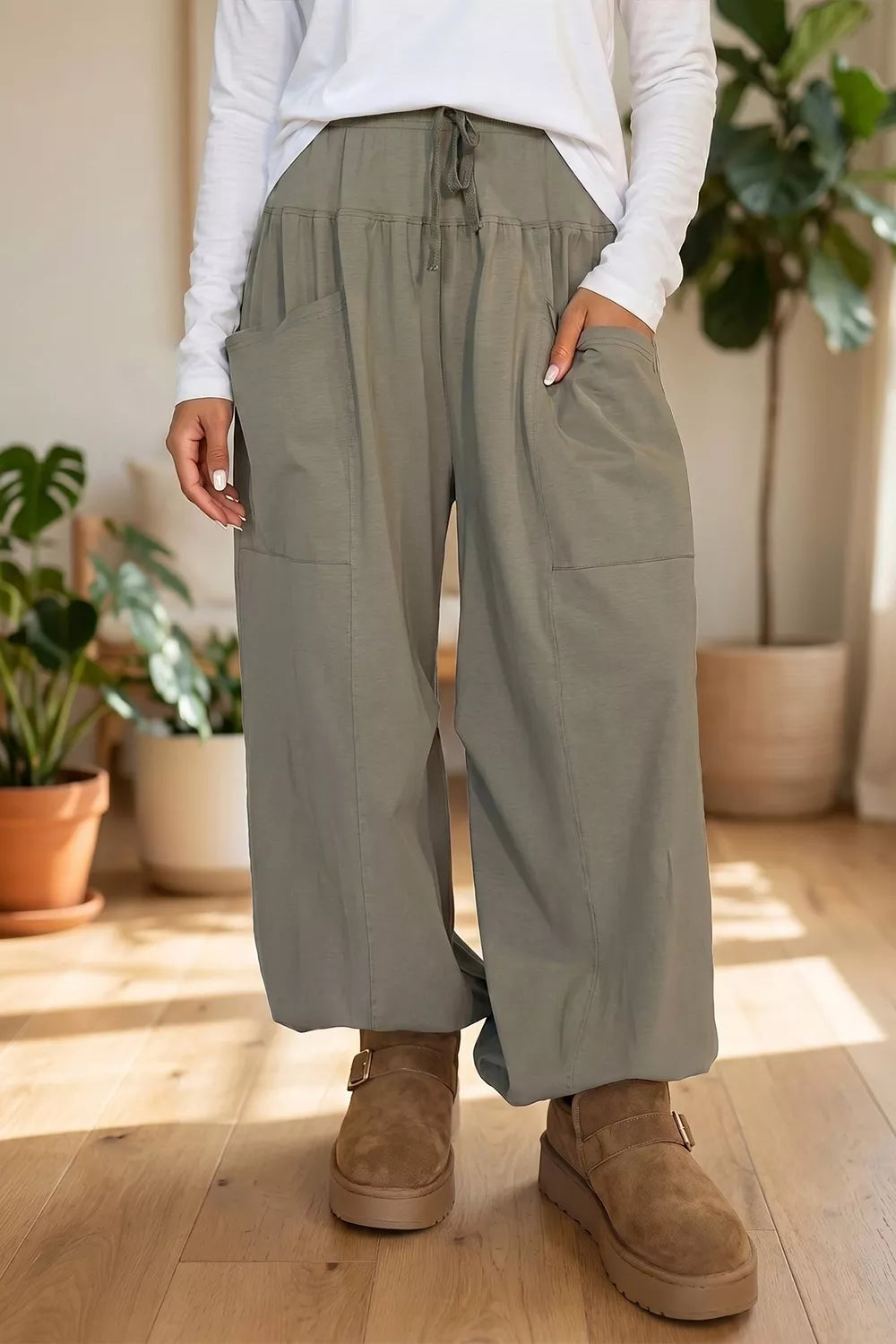 Drawstring Patch Pocket Jogger Pants in gray green, front view