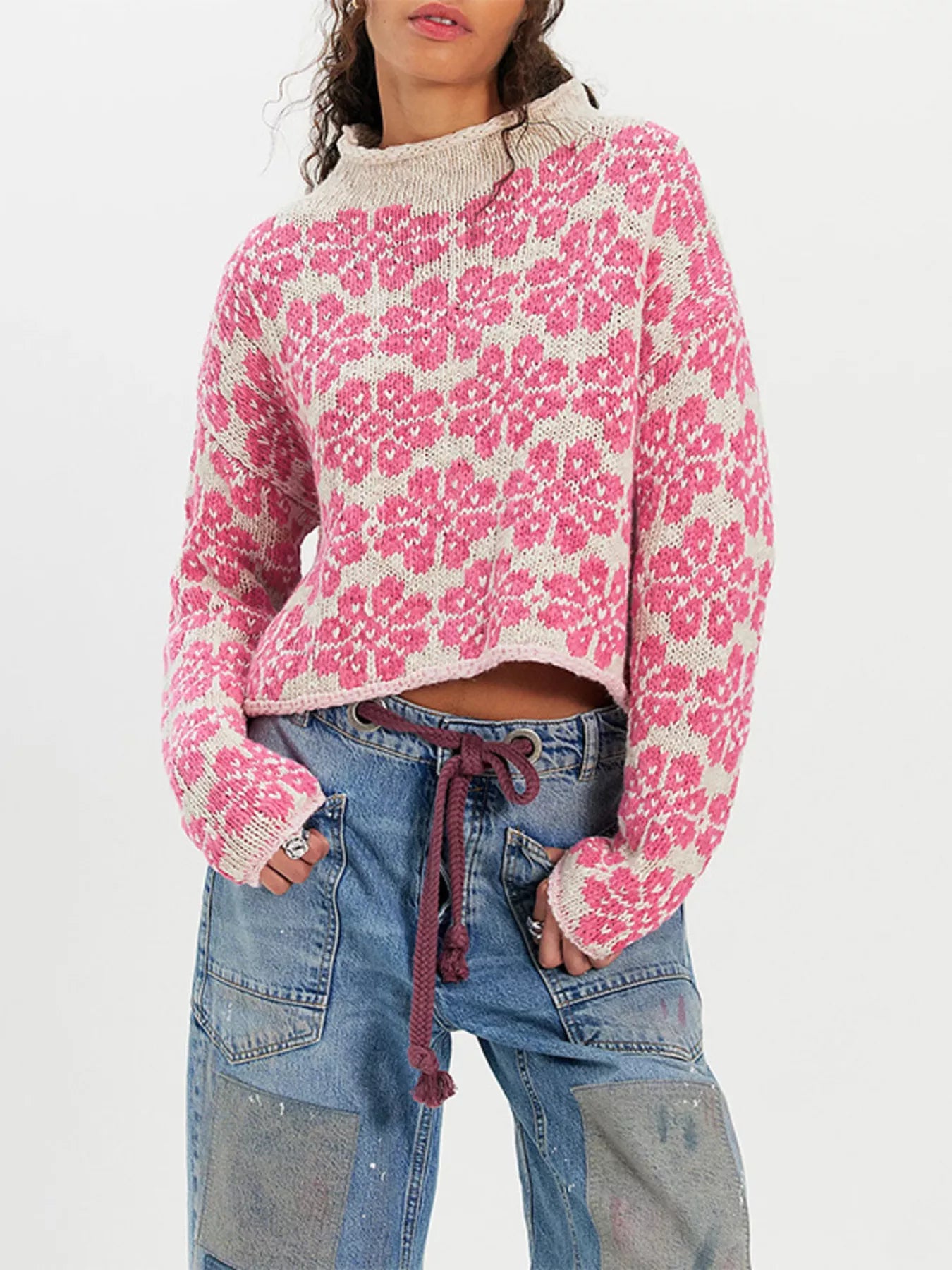 Trendsi Floral Contrast Trim Dropped Shoulder Sweater -