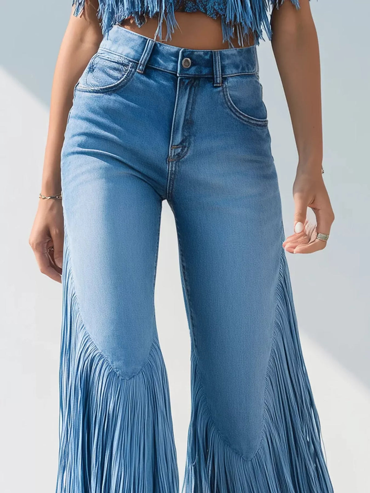 High-Waisted Fringe Flare Jeans in blue, front view