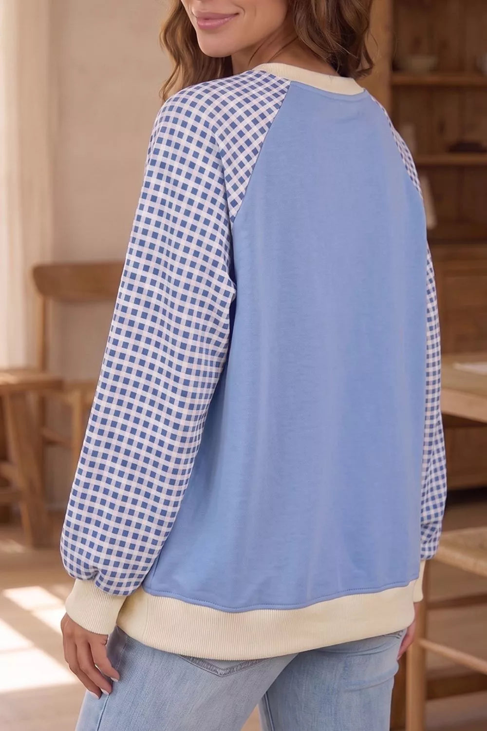 Trendsi Plaid Raglan Sleeve Round Neck Sweatshirt -