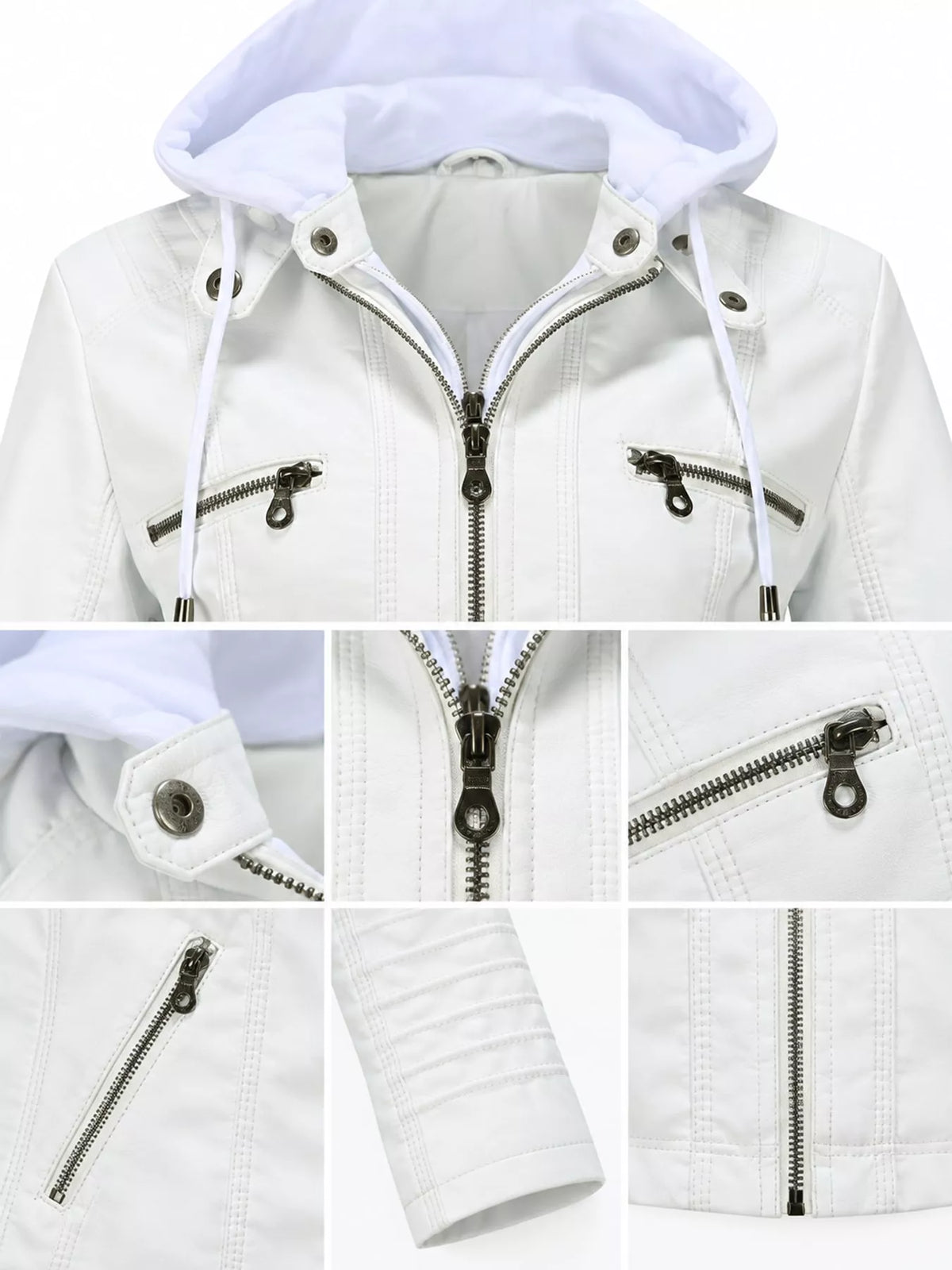 Hooded faux-leather jacket, white garment details
